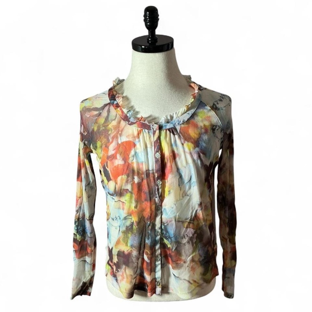 Yest Women's Abstract Floral‎ Print Sheer Long Sleeve Ruffle Neck Button Up Top